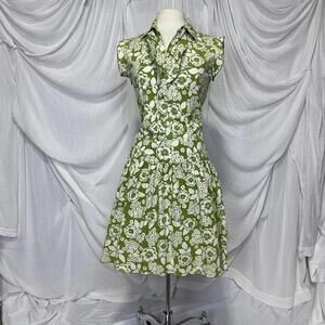 Vintage Preppy Hippie Indie Green Floral Midi Dress (M)